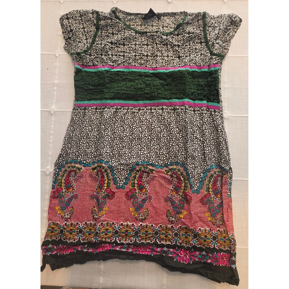 Balika Boho Paisley Smocked Tunic Top Dress XL Mixed Print Cap Sleeve